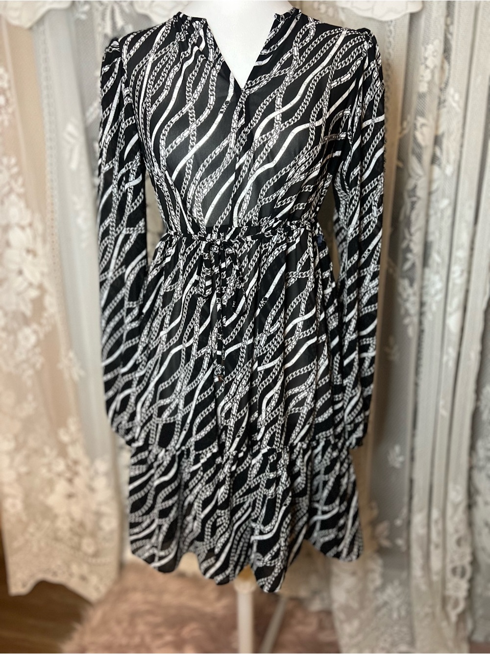Michael Kors Black and White Chain-Print Sheer Midi Dress XS